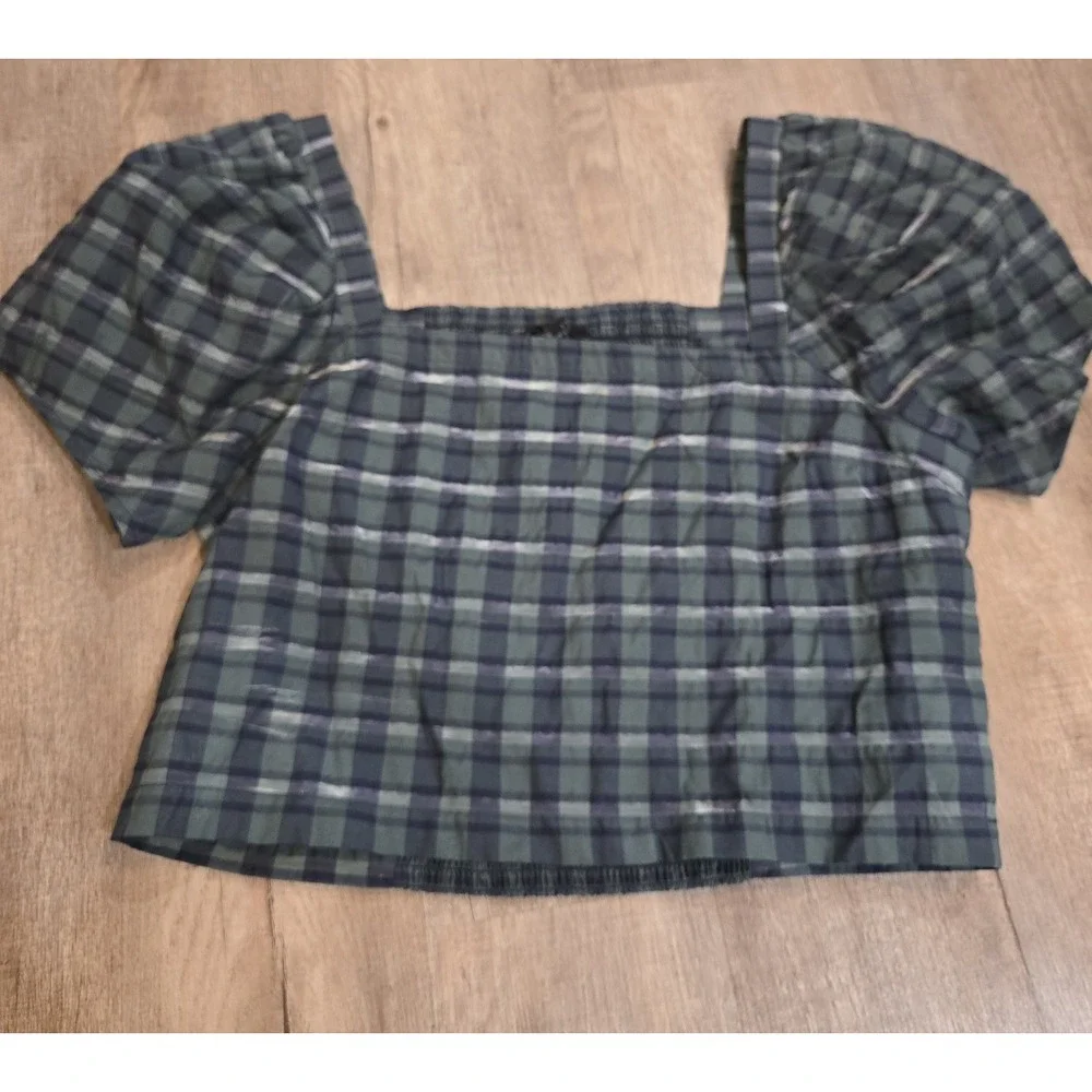 Madewell Hopewell Puff-Sleeve Crop Top Women Green Blue Plaid Blouse Size Large